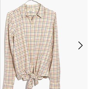 Madewell rainbow plaid tie front top